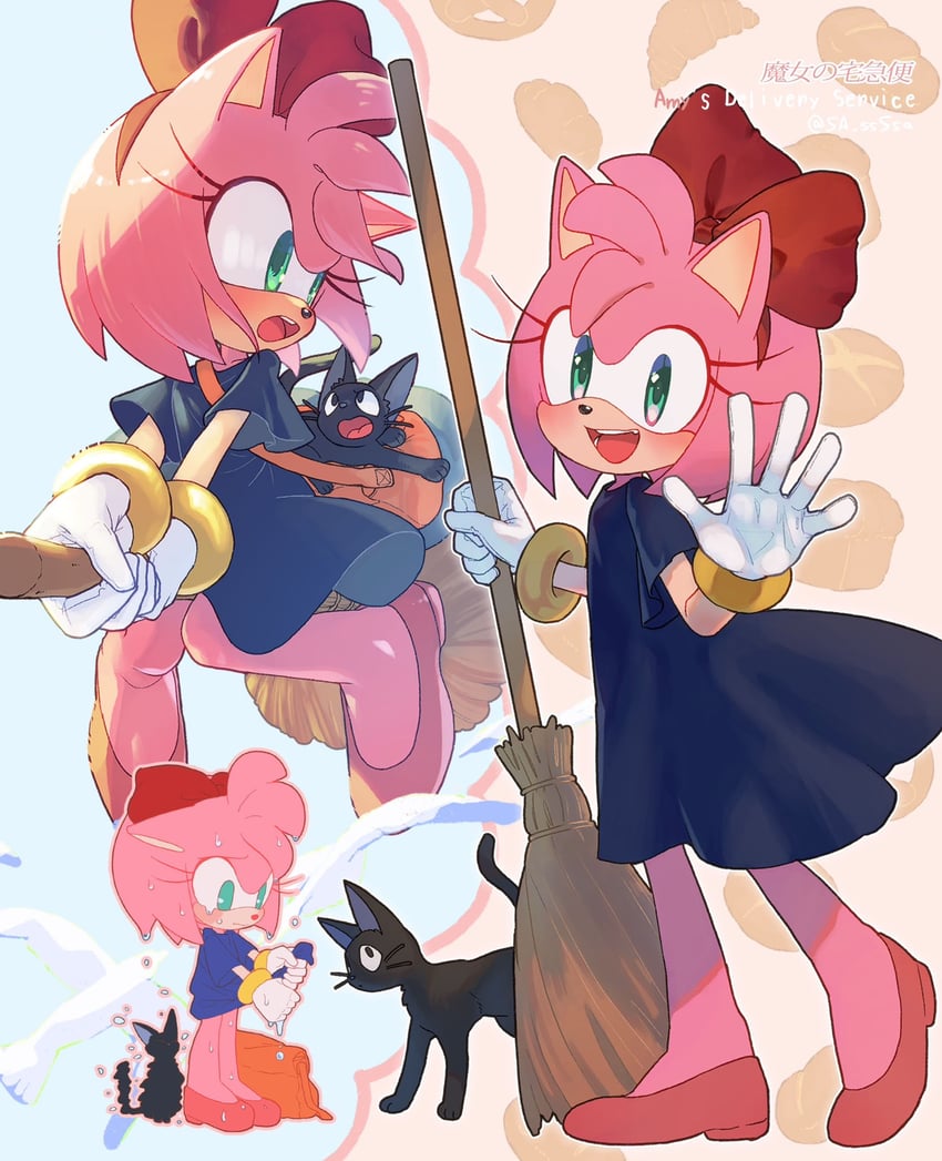 amy rose, kiki, and jiji (sonic and 1 more) drawn by konjiki_ringo