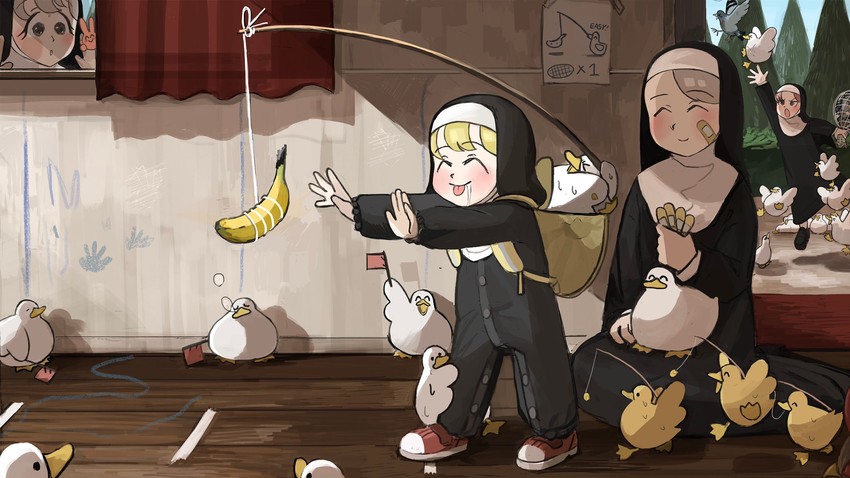 clumsy nun, hungry nun, bunny nun, and leaf nun (little nuns) drawn by diva_(hyxpk)