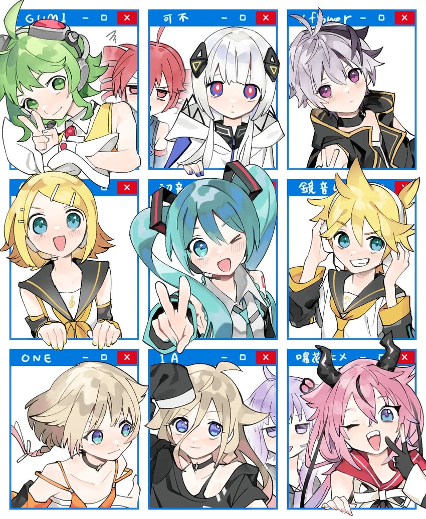 hatsune miku, kagamine rin, kagamine len, kasane teto, yuzuki yukari, and 6 more (vocaloid and 4 more) drawn by soyaka