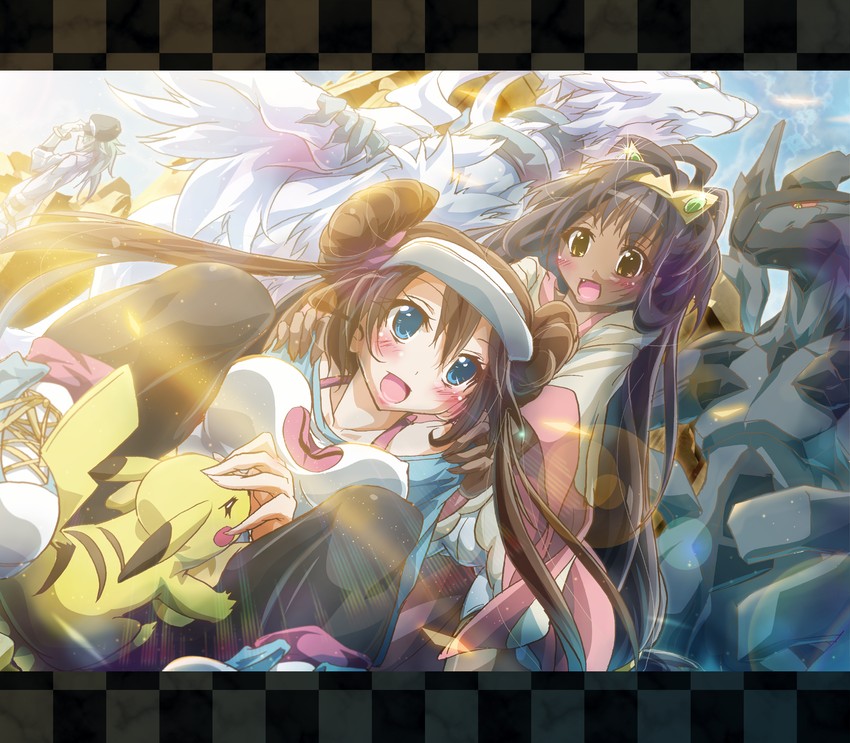 pikachu, rosa, n, iris, reshiram, and 1 more (pokemon and 1 more) drawn by inoshishi_(ikatomo)