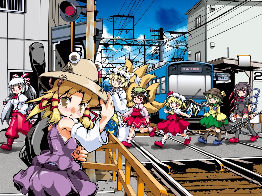 flandre scarlet, komeiji koishi, fujiwara no mokou, yakumo ran, moriya suwako, and 3 more (touhou) drawn by sukiyo