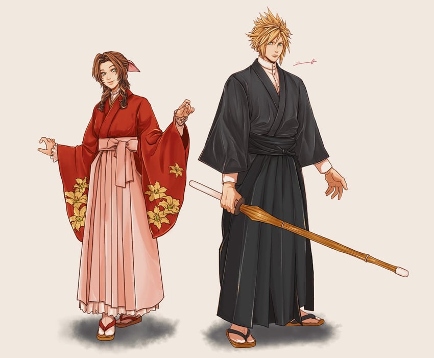 cloud strife and aerith gainsborough (final fantasy and 3 more) drawn by sternffbevw