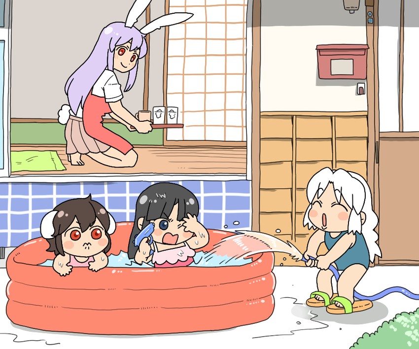 reisen udongein inaba, houraisan kaguya, inaba tewi, and yagokoro eirin (touhou) drawn by koyama_shigeru