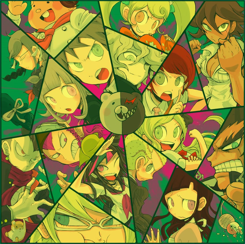 nanami chiaki, komaeda nagito, hinata hajime, monokuma, tsumiki mikan, and 14 more (danganronpa and 1 more) drawn by kouno_yukitoshi