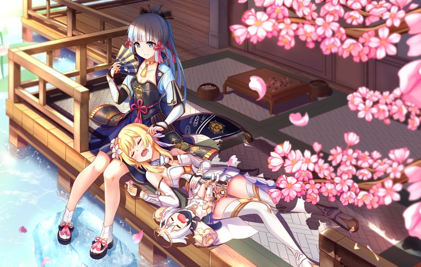 lumine, paimon, and kamisato ayaka (genshin impact) drawn by hongyu_huanxiang