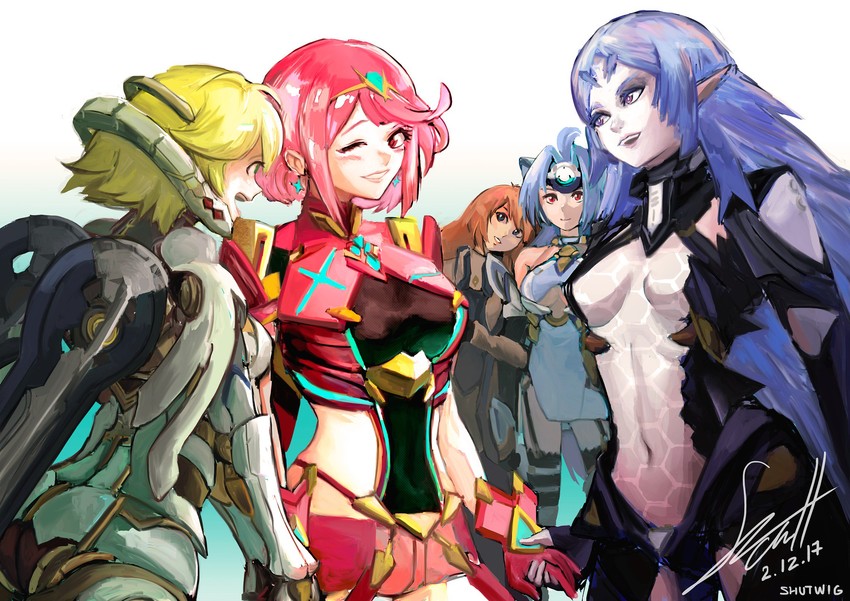 pyra, kos-mos, fiora, elhaym van houten, mecha-fiora, and 1 more (xenoblade chronicles and 5 more) drawn by shutwig