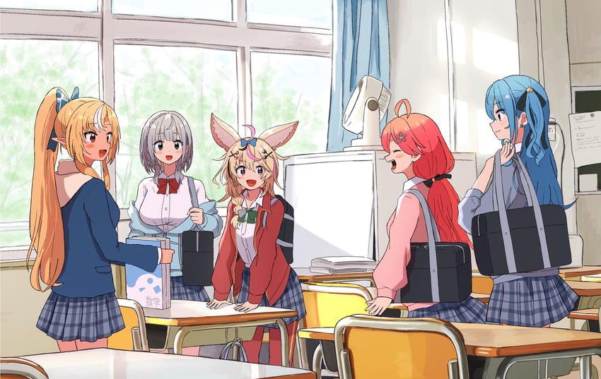hoshimachi suisei, sakura miko, shirogane noel, shiranui flare, and omaru polka (hololive and 1 more) drawn by kaigaraori