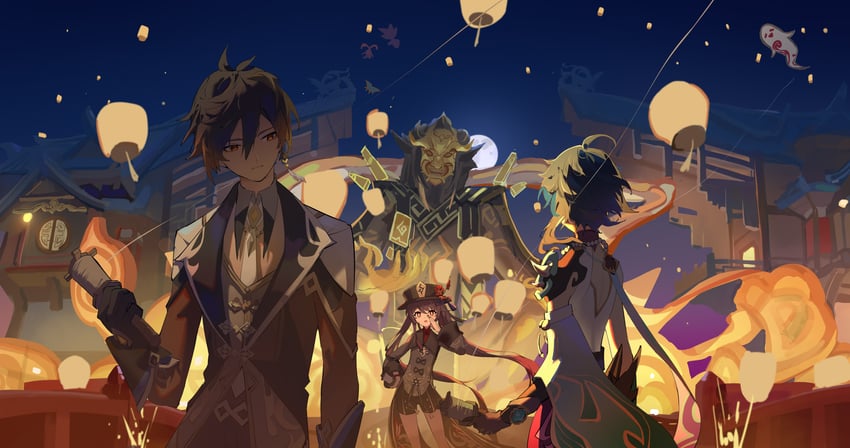 hu tao, zhongli, xiao, and boo tao (genshin impact) drawn by qixia