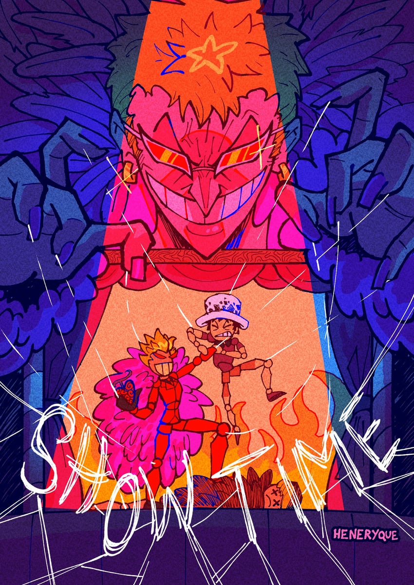 trafalgar law, donquixote doflamingo, and donquixote rocinante (one piece) drawn by heneryque