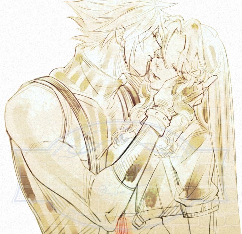 cloud strife and aerith gainsborough (final fantasy and 3 more) drawn by wakakusa-e