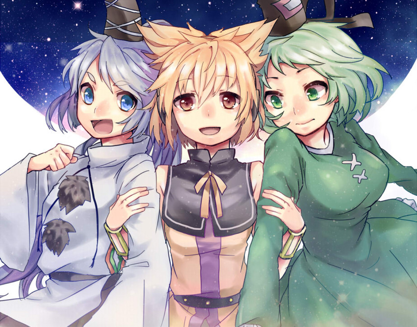toyosatomimi no miko, mononobe no futo, and soga no tojiko (touhou) drawn by kuzumiya_yuyu