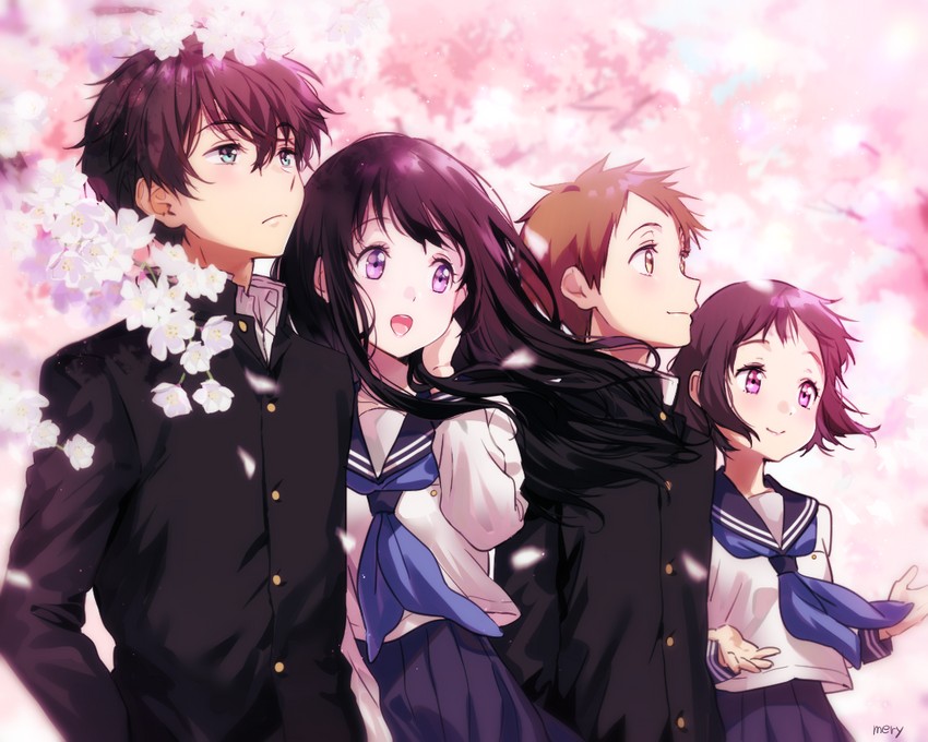 chitanda eru, oreki houtarou, ibara mayaka, and fukube satoshi (hyouka) drawn by mery_(yangmalgage)