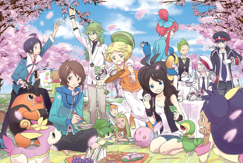 hilda, hilbert, n, skyla, elesa, and 16 more (pokemon and 1 more) drawn by kuronomine