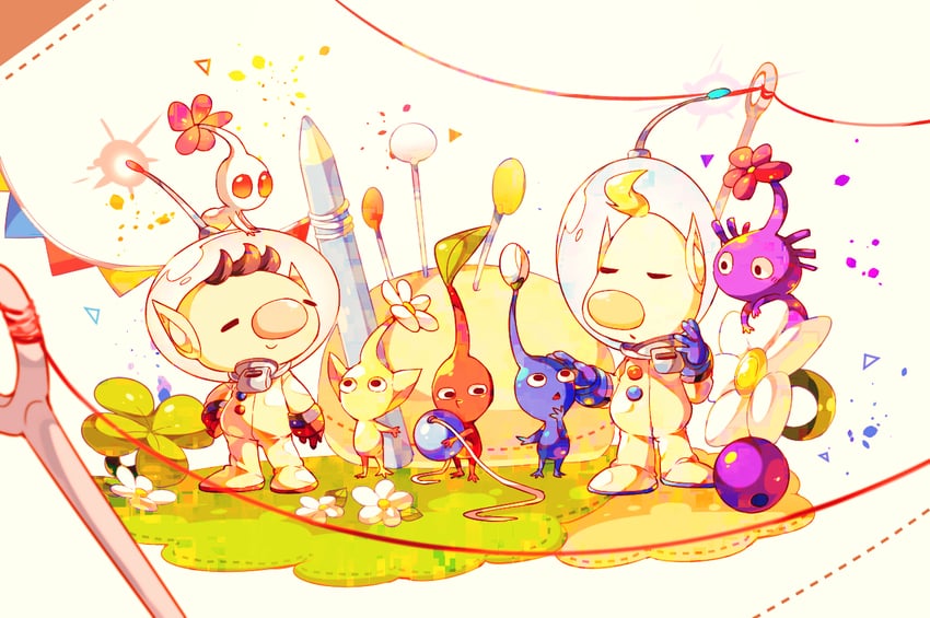red pikmin, olimar, yellow pikmin, blue pikmin, purple pikmin, and 2 more (pikmin and 1 more) drawn by shirushiki