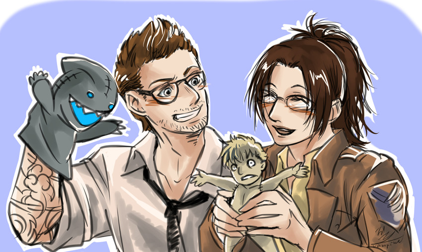 titan, hange zoe, and newton geiszler (shingeki no kyojin and 1 more) drawn by okamikiba13