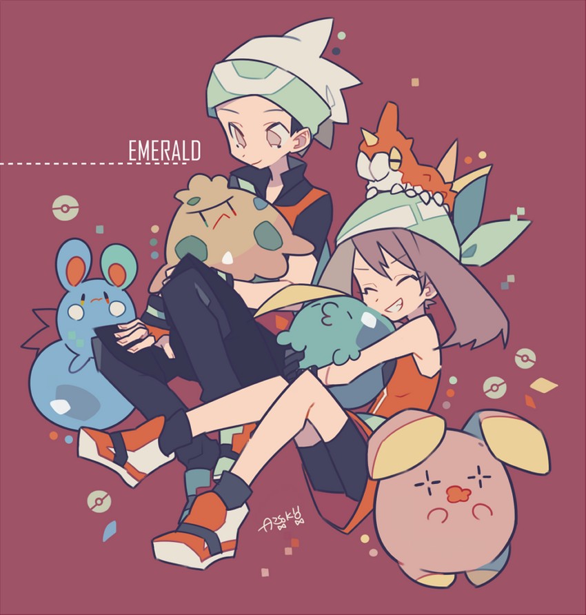 may, brendan, azurill, gulpin, shroomish, and 2 more (pokemon and 2 more) drawn by auko