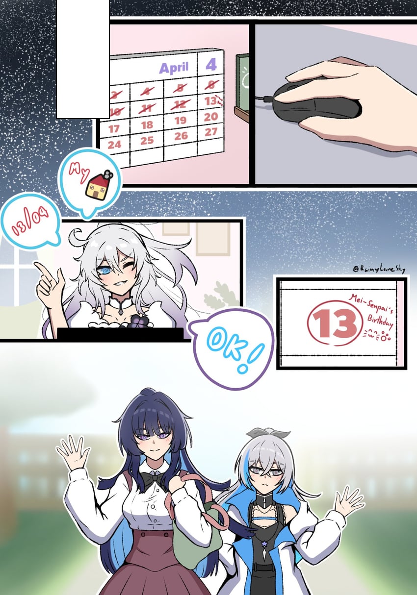 kiana kaslana, raiden mei, and bronya zaychik (honkai and 1 more) drawn by rainylane