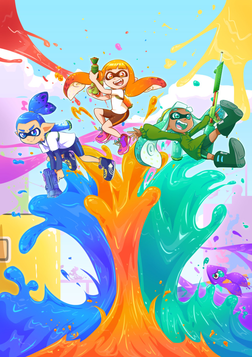 inkling player character, inkling girl, and inkling boy (splatoon and 1 more) drawn by kelkilou