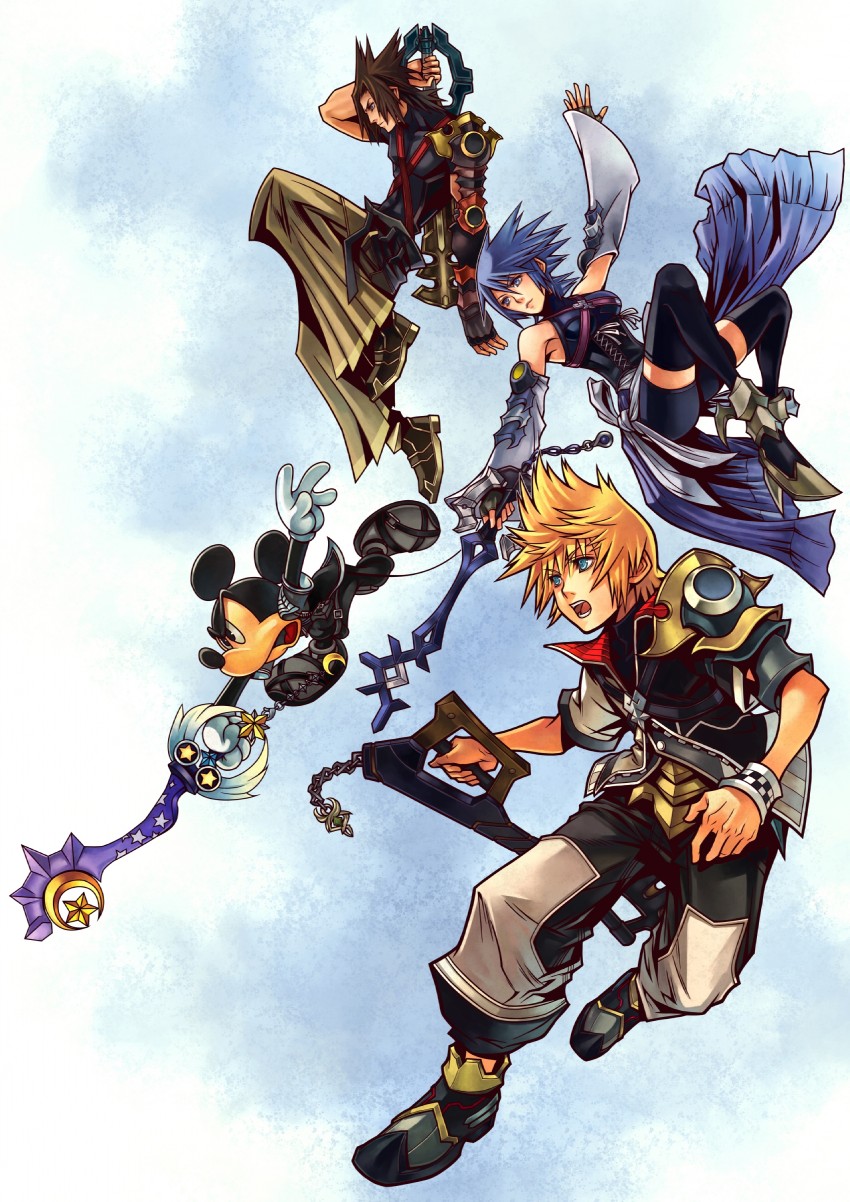 mickey mouse, aqua, ventus, and terra (kingdom hearts and 2 more) drawn by nomura_tetsuya
