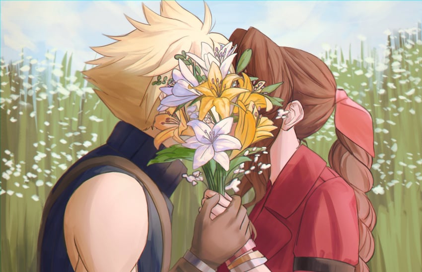 cloud strife and aerith gainsborough (final fantasy and 3 more) drawn by liunennim