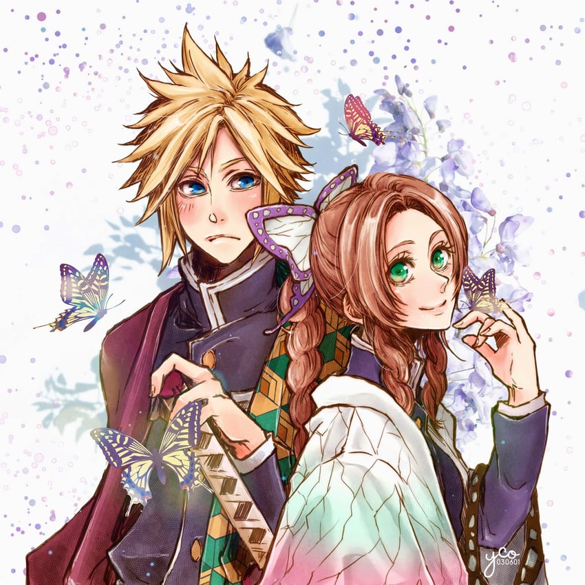 cloud strife, aerith gainsborough, kochou shinobu, tomioka giyuu, and sakurai takahiro (final fantasy and 3 more) drawn by yco_030601
