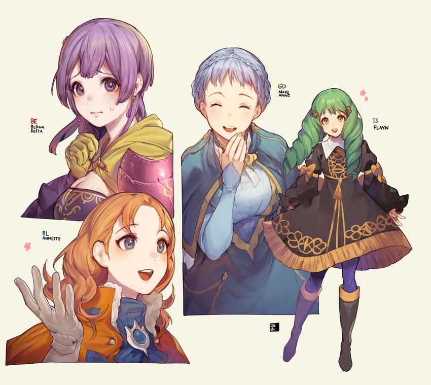 marianne von edmund, bernadetta von varley, annette fantine dominic, and flayn (fire emblem and 1 more) drawn by velahka