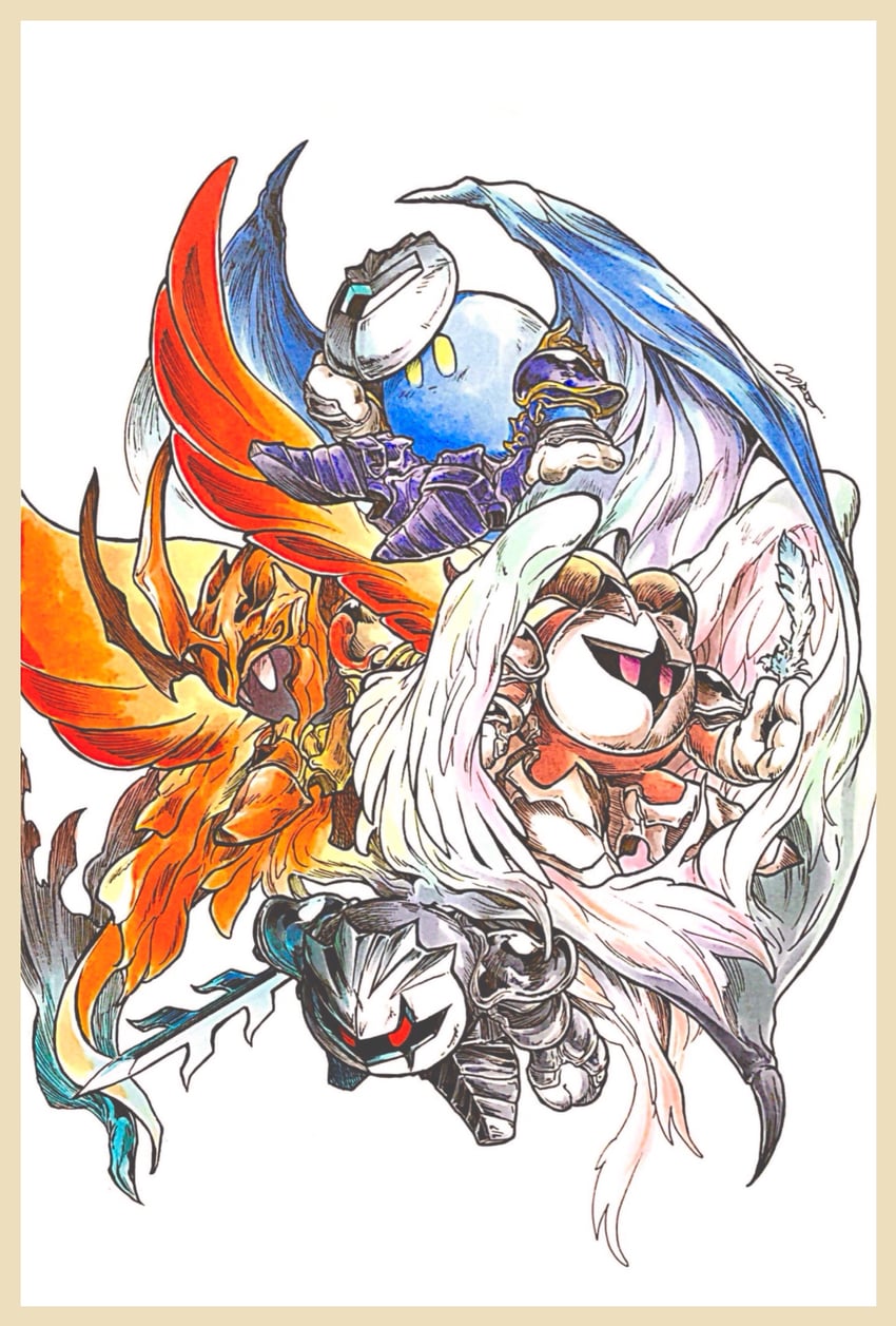 meta knight, morpho knight, galacta knight, and dark meta knight (kirby) drawn by norajiyuuchou