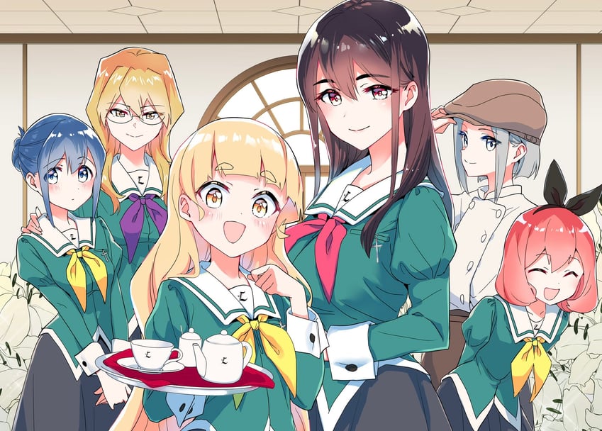 yano mitsuki, shiraki hime, chibana sumika, mamiya kanoko, koshiba mai, and 1 more (watashi no yuri wa oshigoto desu!) drawn by miman