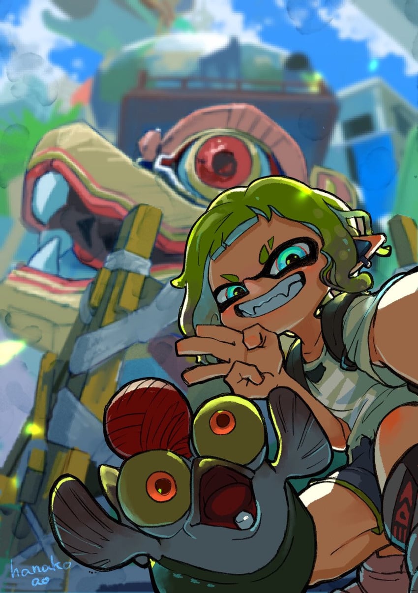 inkling player character, inkling girl, and smallfry (splatoon and 1 more) drawn by hanako515_ika