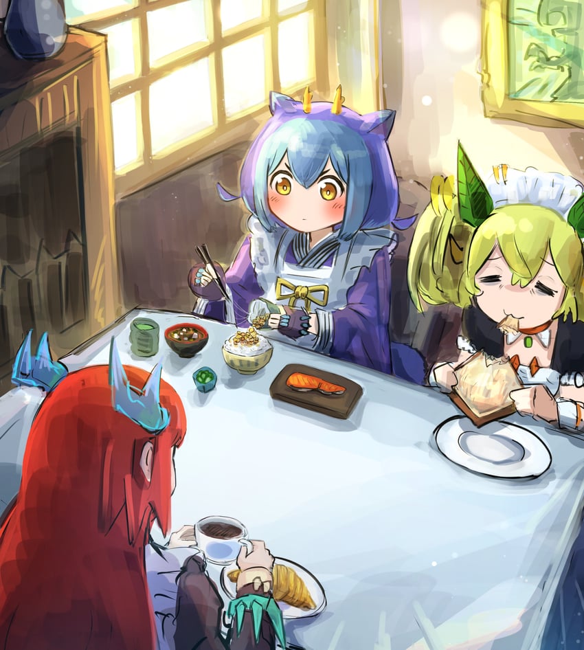 laundry dragonmaid, parlor dragonmaid, and kitchen dragonmaid (yu-gi-oh!) drawn by hatano_kiyoshi
