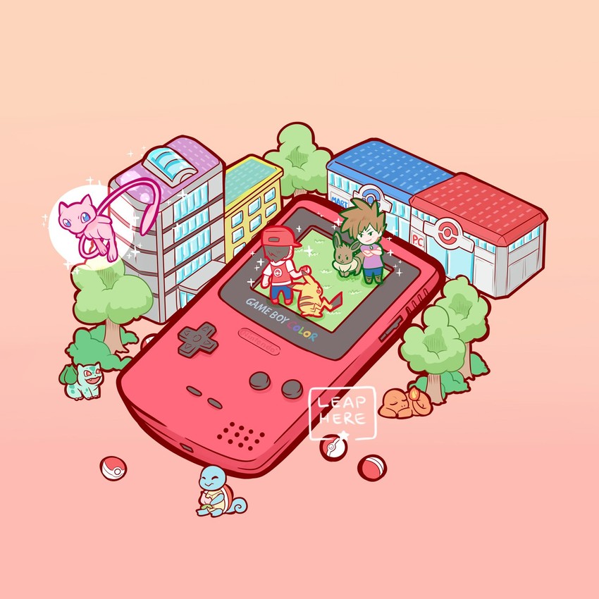 pikachu, red, eevee, blue oak, bulbasaur, and 2 more (pokemon and 1 more) drawn by leaphere