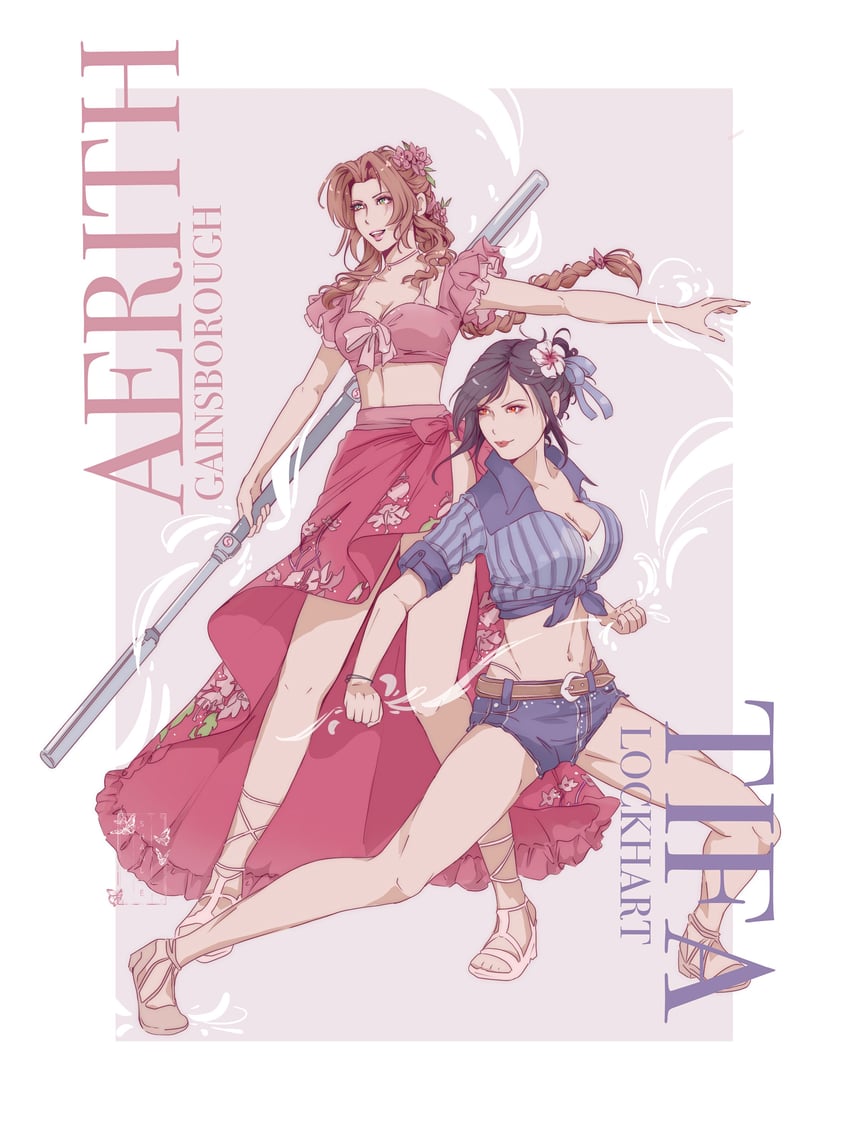tifa lockhart and aerith gainsborough (final fantasy and 3 more) drawn by shanlieart