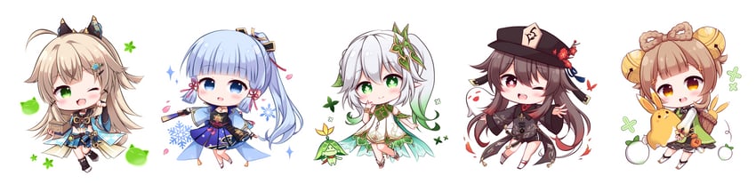hu tao, nahida, kamisato ayaka, boo tao, aranara, and 3 more (genshin impact) drawn by kashiwadokoro