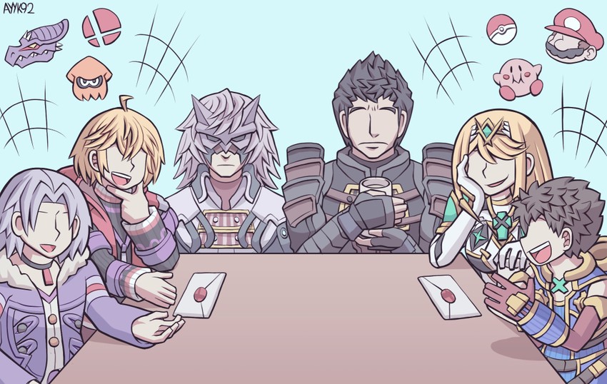 inkling player character, kirby, mythra, mario, rex, and 5 more (pokemon and 9 more) drawn by ayyk92