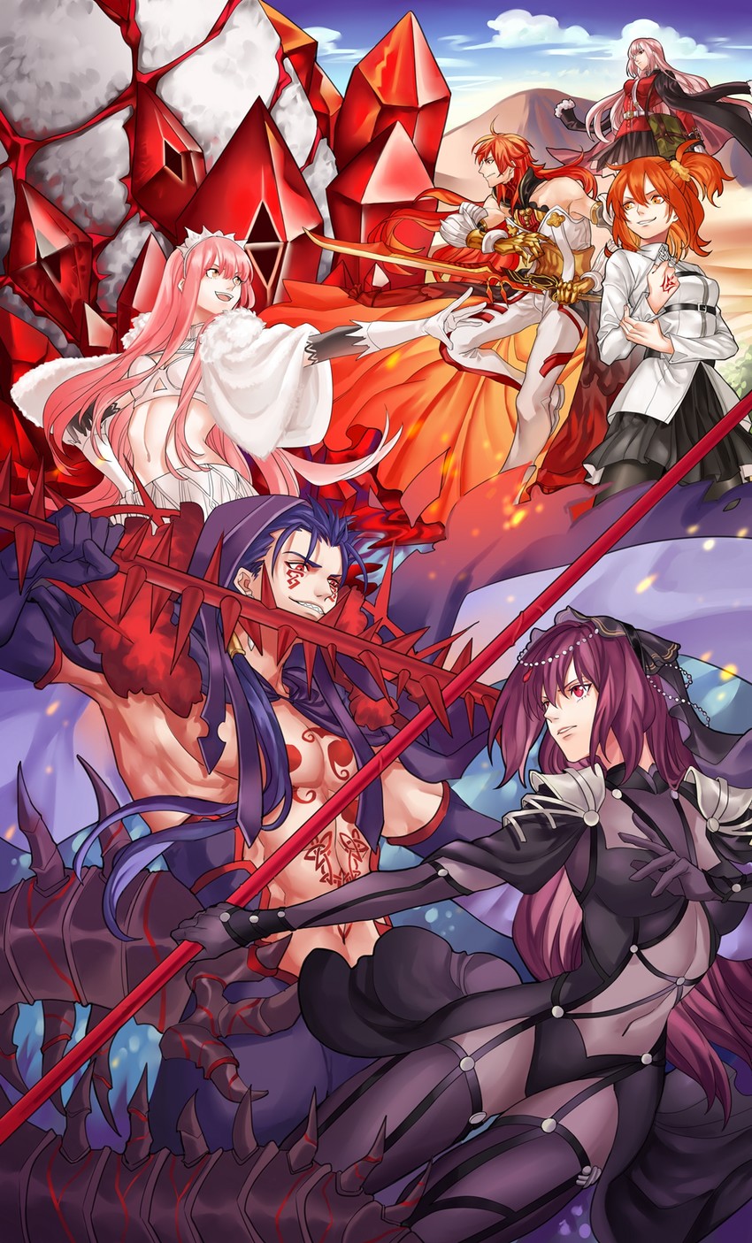 fujimaru ritsuka, scathach, cu chulainn, florence nightingale, medb, and 3 more (fate and 1 more) drawn by kuzen