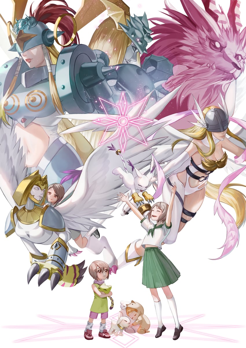 angewomon, yagami hikari, tailmon, plotmon, ofanimon, and 5 more (digimon and 3 more) drawn by zzeoda