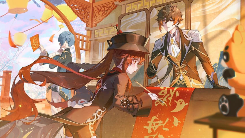 hu tao, zhongli, boo tao, xingqiu, and guoba (genshin impact) drawn by yiy1123