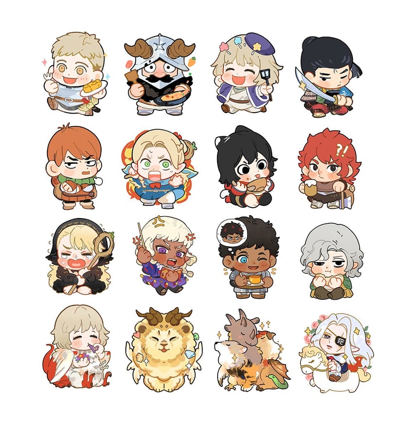 marcille donato, falin touden, laios touden, senshi, mithrun, and 9 more (dungeon meshi) drawn by nanikoreee9