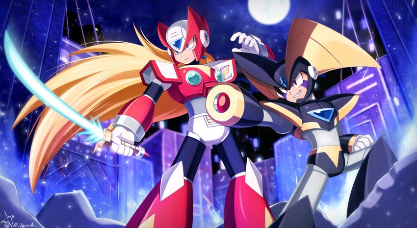 zero and bass (mega man and 1 more) drawn by xenon_(xenonb)
