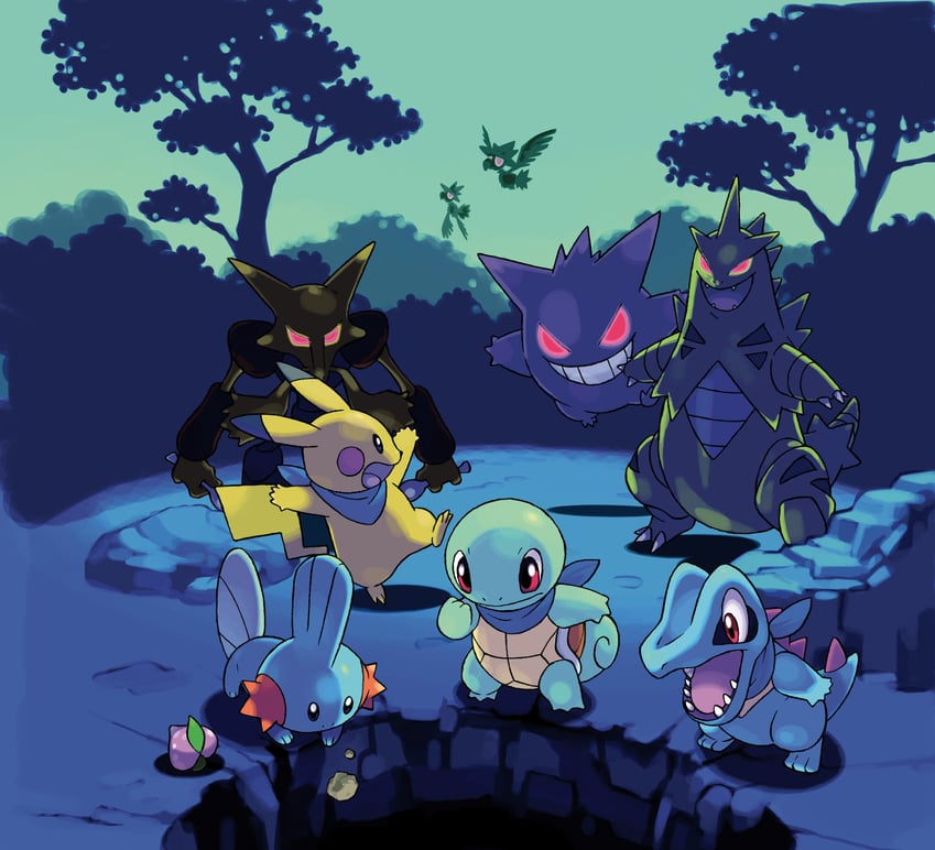 pikachu, gengar, squirtle, mudkip, totodile, and 3 more (pokemon and 2 more) drawn by sugimori_ken