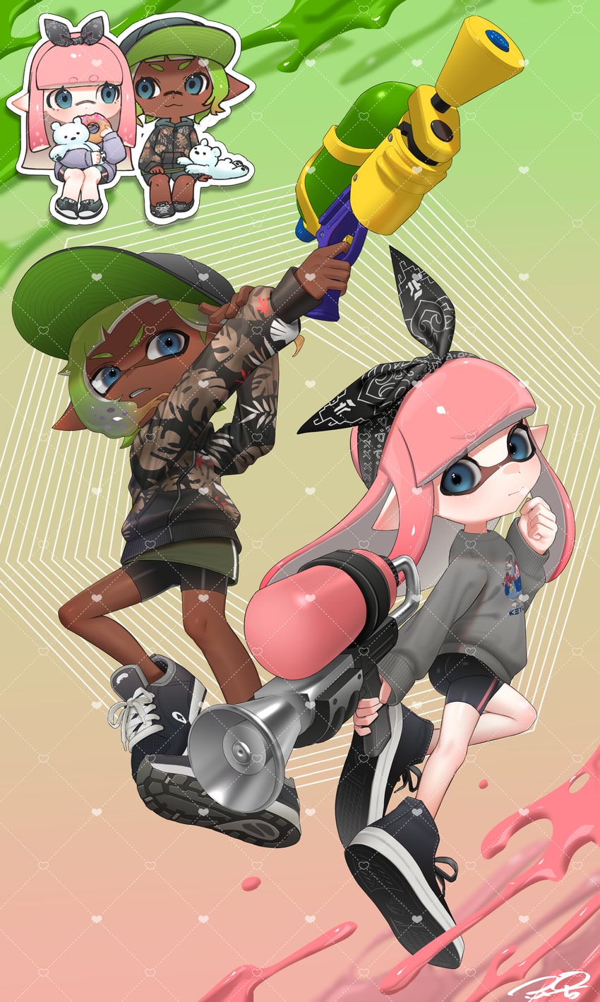 inkling player character and inkling girl (splatoon) drawn by puchiman