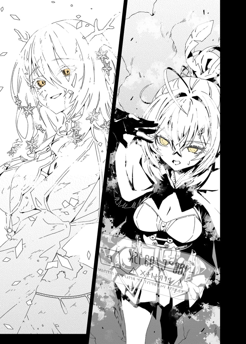 nanashi mumei and ceres fauna (hololive and 1 more) drawn by taka_t