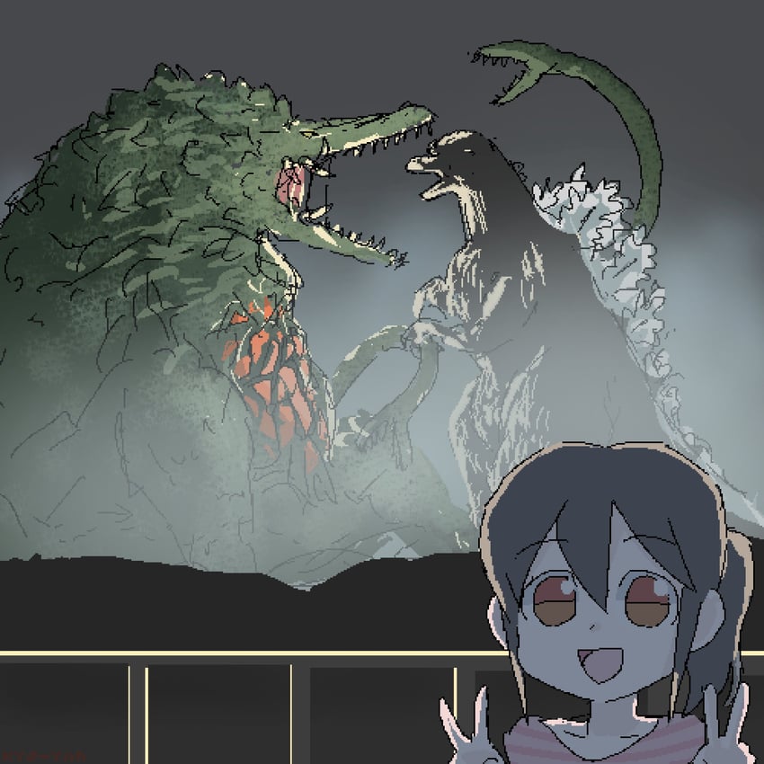 godzilla, biollante, and akame-chan (original and 2 more) drawn by kyo-yan