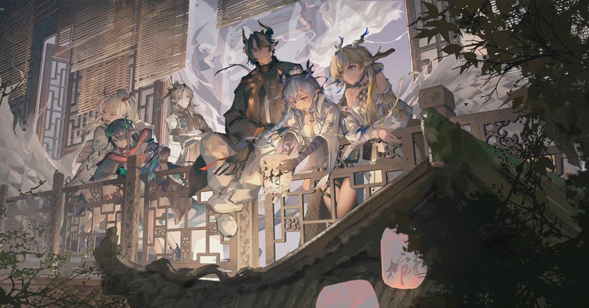 shu, dusk, nian, ling, chongyue, and 1 more (arknights) drawn by shishan979_(seleneebai)