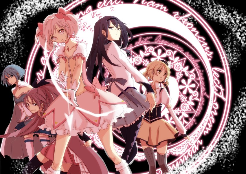 akemi homura, kaname madoka, miki sayaka, sakura kyoko, and tomoe mami (mahou shoujo madoka magica) drawn by kanasuke