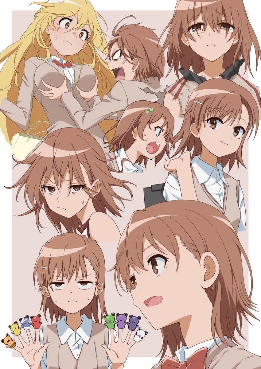 misaka mikoto, shokuhou misaki, and gekota (toaru majutsu no index and 1 more) drawn by rmwt7525
