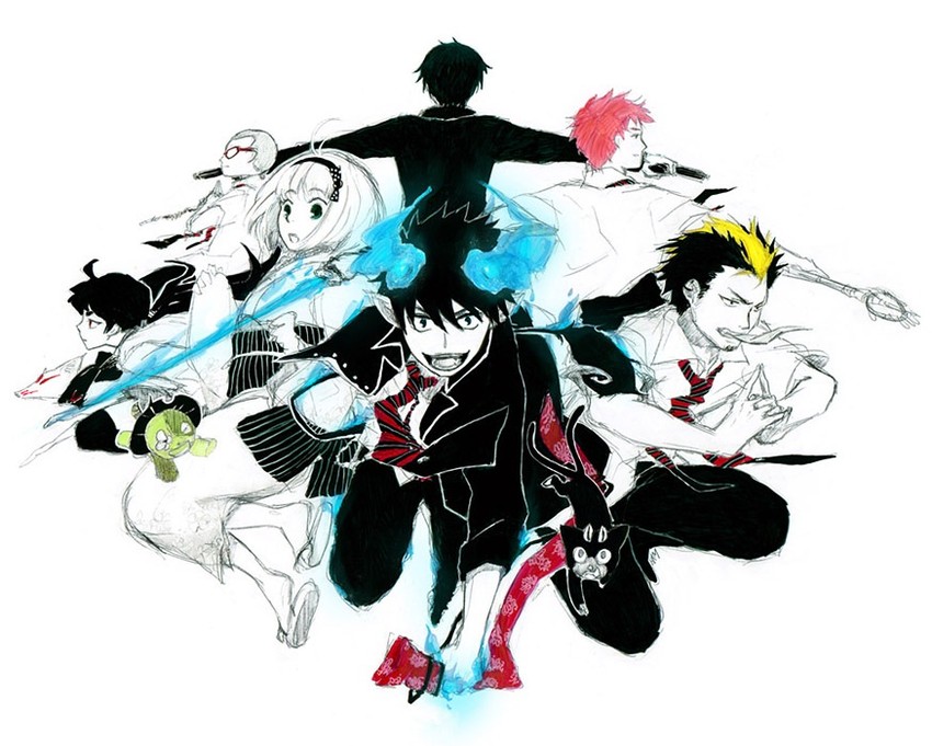 okumura rin, okumura yukio, moriyama shiemi, kamiki izumo, shima renzou, and 5 more (ao no exorcist) drawn by akuhaku