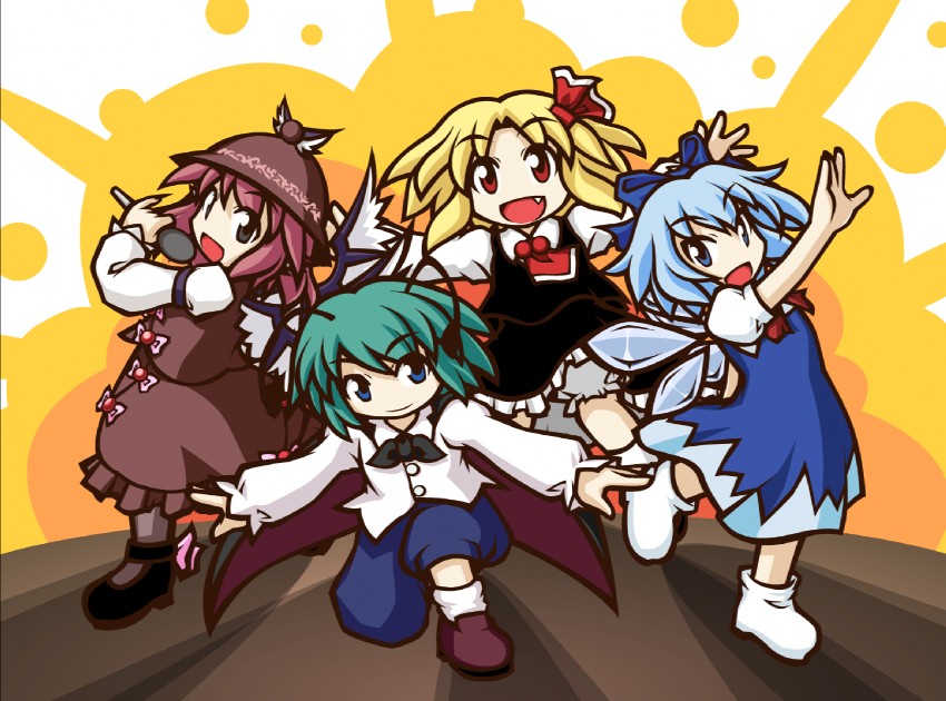cirno, rumia, mystia lorelei, and wriggle nightbug (touhou and 1 more) drawn by chibitami