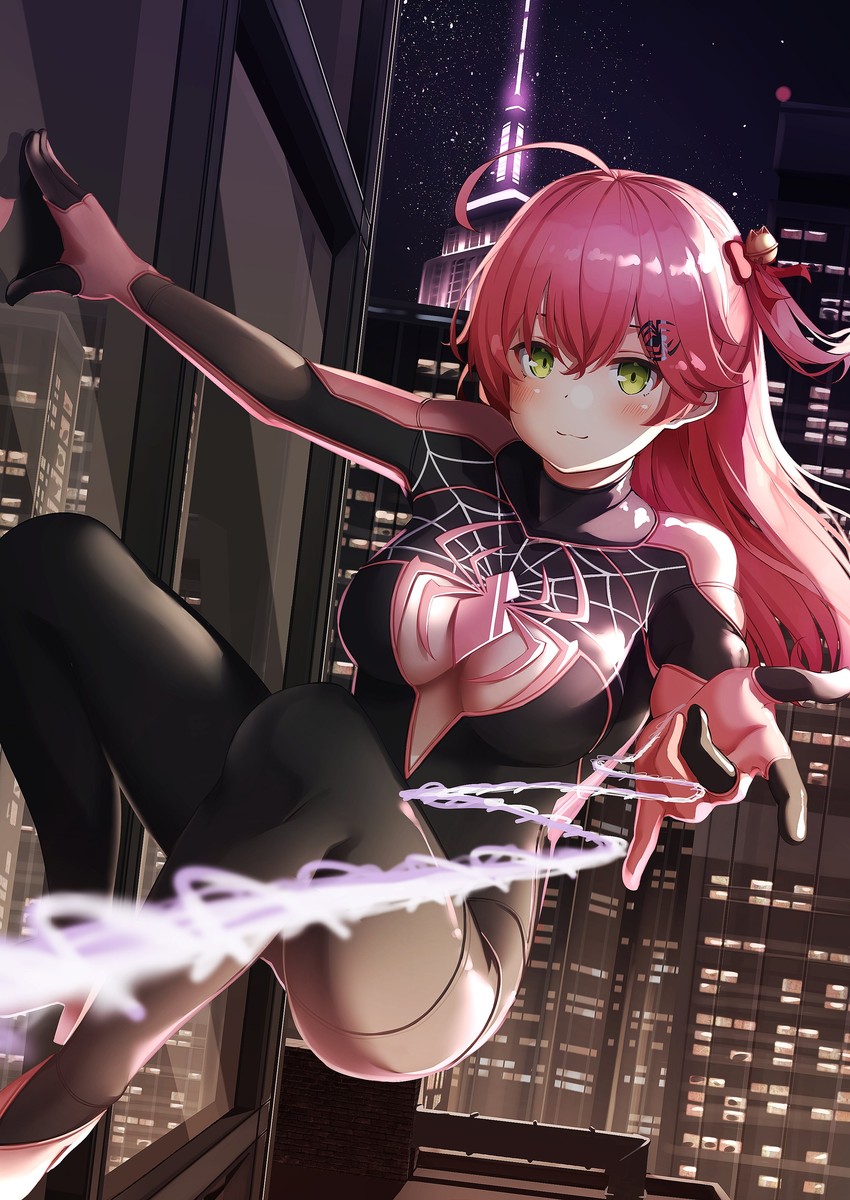 sakura miko and spider-man (hololive and 2 more) drawn by nyan_(reinyan_007)
