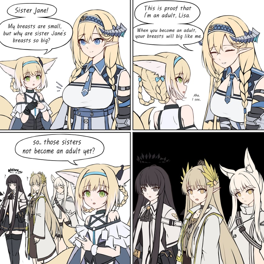 suzuran, virtuosa, muelsyse, platinum, and saileach (arknights) drawn by gongbangmanchi_(daisy_cutter)
